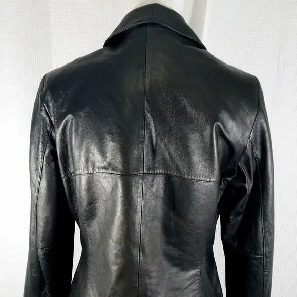 WILSONS LEATHER! RICH BLACK GENUINE LEATHER FITTED BUTTON FRONT JACKET! SZ M - Picture 7 of 12
